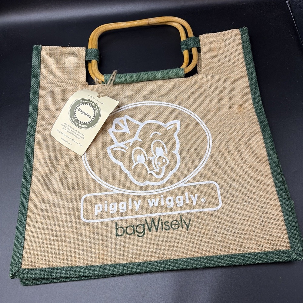 Piggly Wiggly PIG Head Burlap Nylon Handles Reuseable Packable Bag Grocery Store